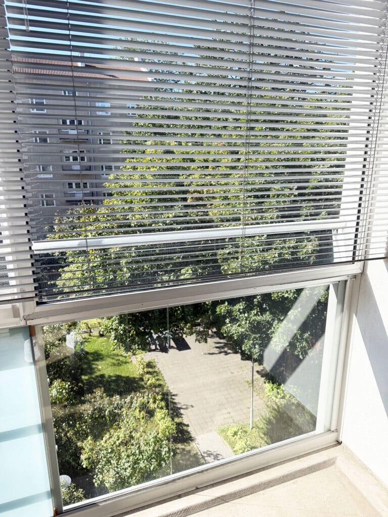 Aurinkoinen sisäpiha, jossa on vihreitä puita, näkyy ikkunasta, jonka kaihtimet ovat osittain auki. Ulkotilan heijastus näkyy ikkunalasissa.