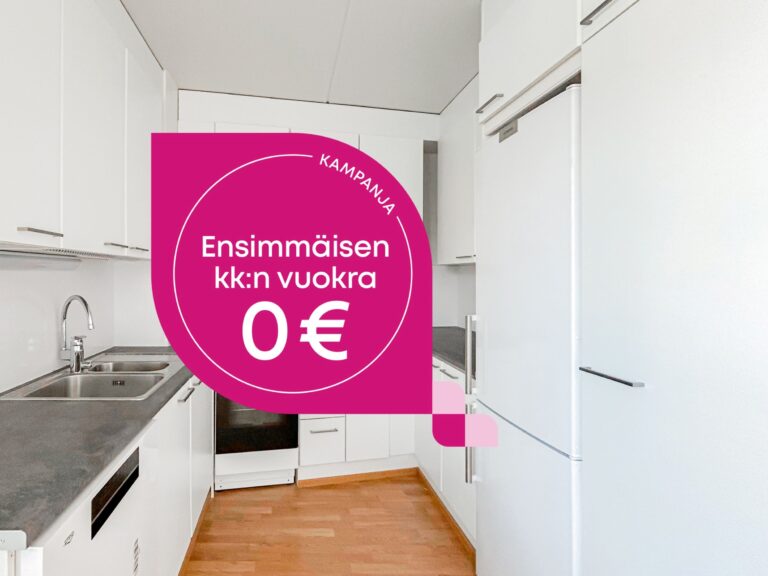 Valkoinen keittiö, jossa on vaaleanpunainen kampanjagrafiikka, jossa lukee: KAMPANJA Ensimmäisen kuukauden vuokra 0 €.