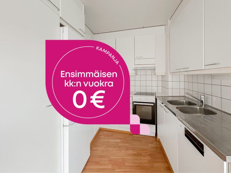 Valkoinen keittiö, jossa on puulattia ja tarjoustarra, jossa lukee: Kampanja: Ensimmäisen kuukauden vuokra 0 €.