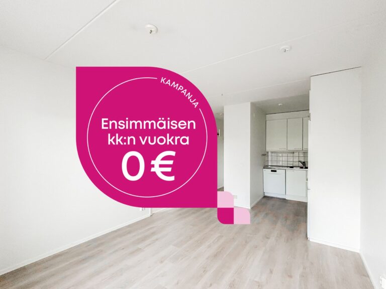 Tyhjä huoneisto, jossa on valkoinen keittiö ja tarjoustarra, jossa lukee: Kampanja: Ensimmäisen kuukauden vuokra 0 €.