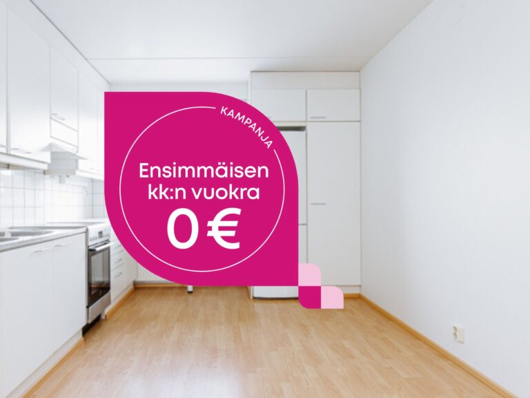 Tyhjän keittiön valokuvaan on lisätty vaaleanpunainen mainoskuva, jossa lukee: Kampanja: Ensimmäisen kuukauden vuokra 0 €.