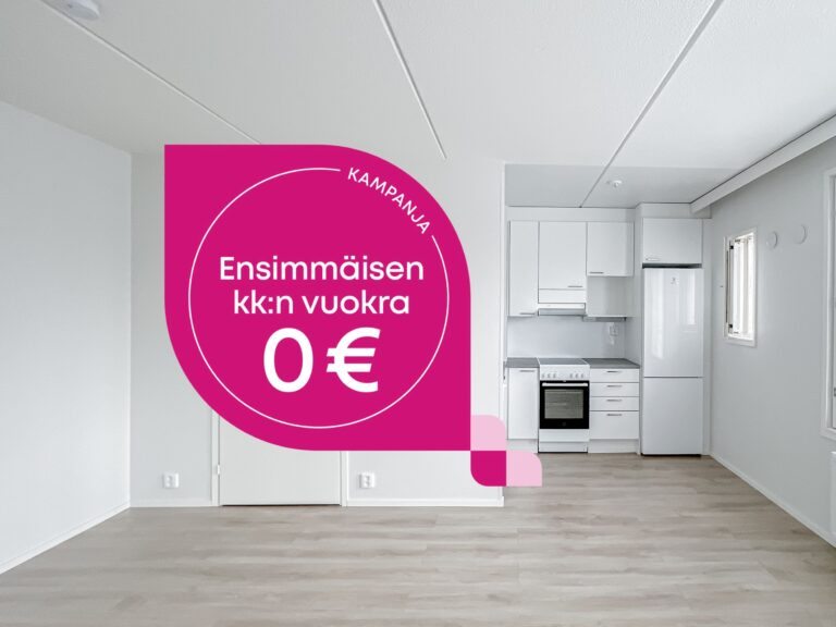 Tyhjä asunto, jossa on pieni minikeittiö ja vaaleanpunainen mainoskyltti, jossa lukee: KAMPANJA Ensimmäisen kuukauden vuokra 0 €.