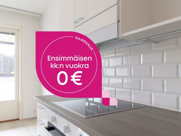 Keittiön työtason yläpuolella oleva mainosgrafiikka, jossa lukee: KAMPANJA Ensimmäisen kuukauden vuokra 0 €.
