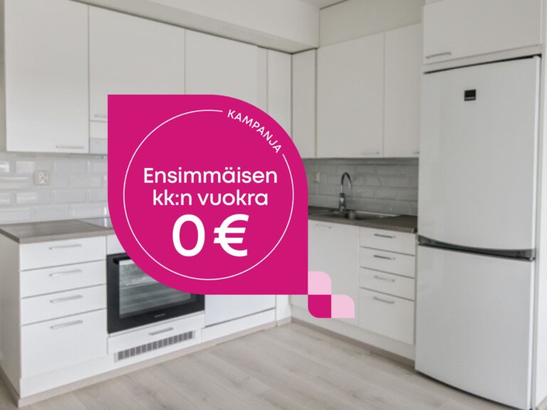 Moderni valkoinen keittiö, jossa on vaaleanpunainen mainosgrafiikka, jossa lukee: KAMPANJA Ensimmäisen kuukauden vuokra 0 €.