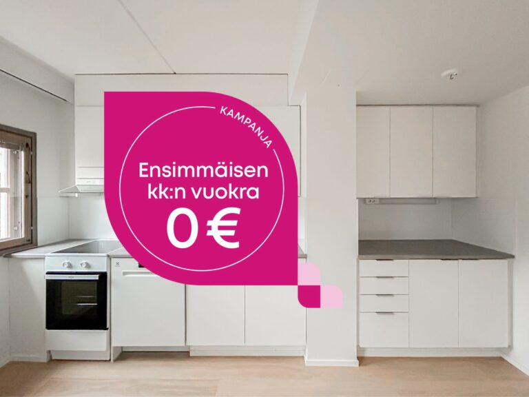 Keittiö, jossa on valkoiset kaapit, liesi ja astianpesukone, ja jossa on mainosgrafiikka, jossa lukee: KAMPANJA Ensimmäisen kuukauden vuokra 0 €.