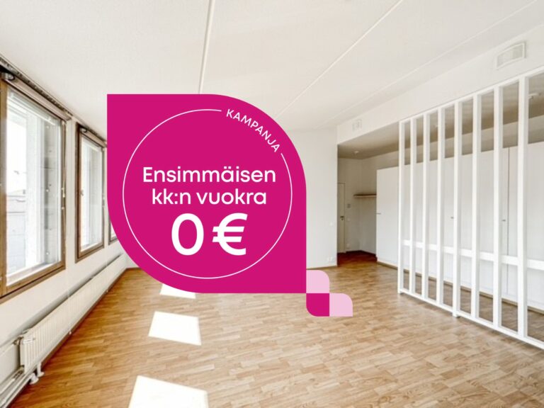 Tyhjä asunnon sisustus, jossa on mainosgrafiikka, jossa lukee: Kampanja: Ensimmäisen kuukauden vuokra 0 €.