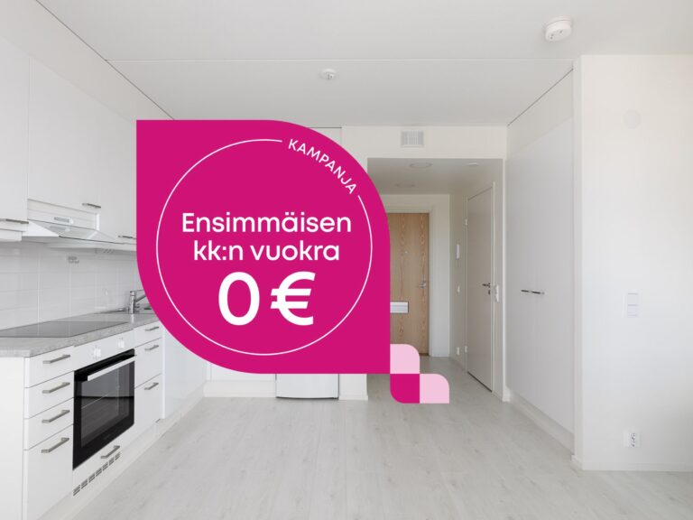Moderni valkoinen keittiö ja oleskelutila, jossa on vaaleanpunainen mainosgrafiikka, jossa lukee: KAMPANJA Ensimmäisen kk:n vuokra 0 €.