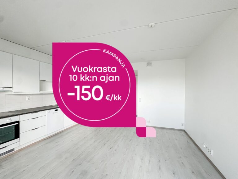 Tyhjä huone, jossa on valkoiset keittiökaapit ja puun näköinen lattia; huoneessa on mainoskuva, jossa tarjotaan 150 euron kuukausivuokra-alennusta 10 kuukauden ajan.