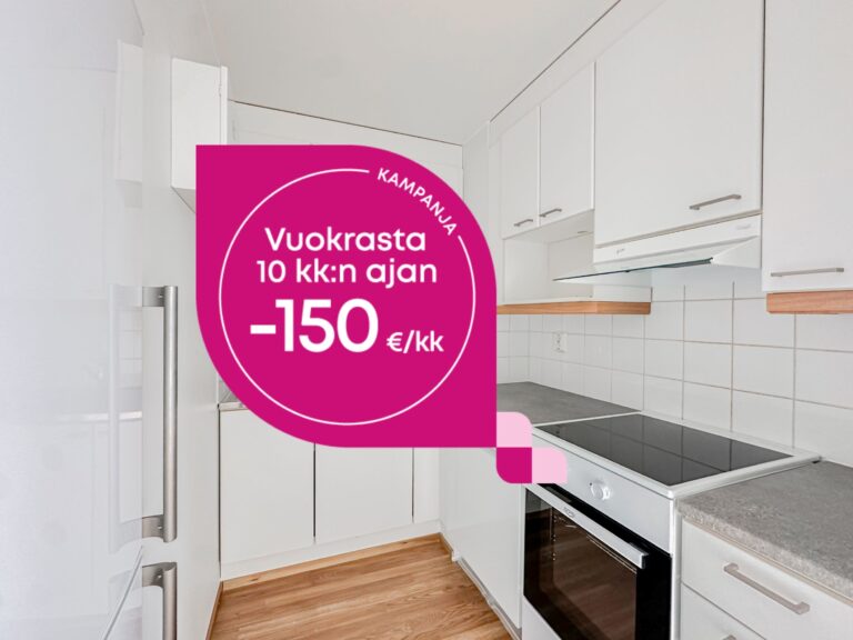 Valoisa keittiö, jossa on kampanjajuliste, jossa lukee: KAMPANJA Vuokraa 10 kuukauden ajan -150 €/kk.