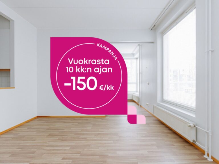 Tyhjä huoneisto, jossa on vaaleanpunainen mainostarra, jossa lukee: Kampanja: Vuokraa 10 kuukauden ajan –150 €/kk.