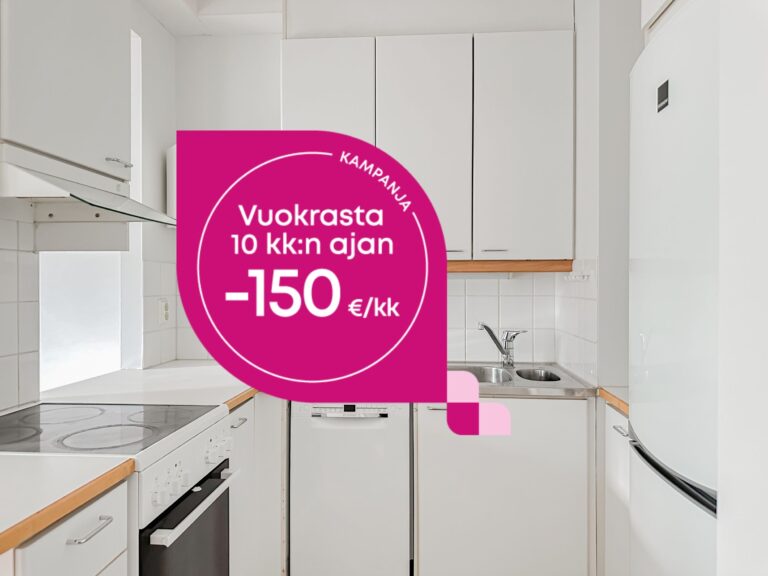 Valkoinen asunnon keittiö, jossa on vaaleanpunainen tarjoustarra, joka tarjoaa 150 euron kuukausialennuksen 10 kuukauden ajan.