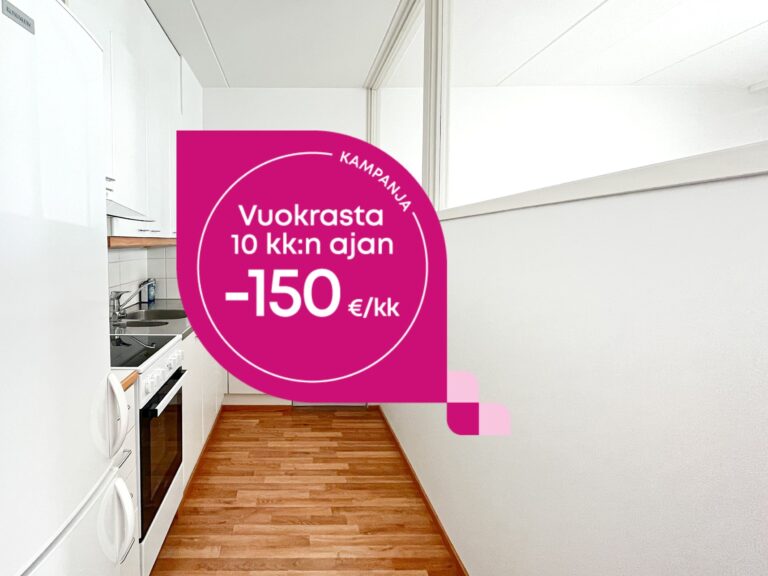 Kapea valkoinen keittiö, jossa on mainosgrafiikka, jossa lukee: Kampanja, vuokraa 10 kuukauden ajan –150 €/kk.