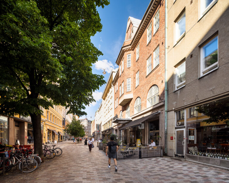 Helsingin kävelykatu, jolla on rivi tiili- ja kivirakennuksia, ulkoterassipaikkoja ja suuri puu etualalla.
